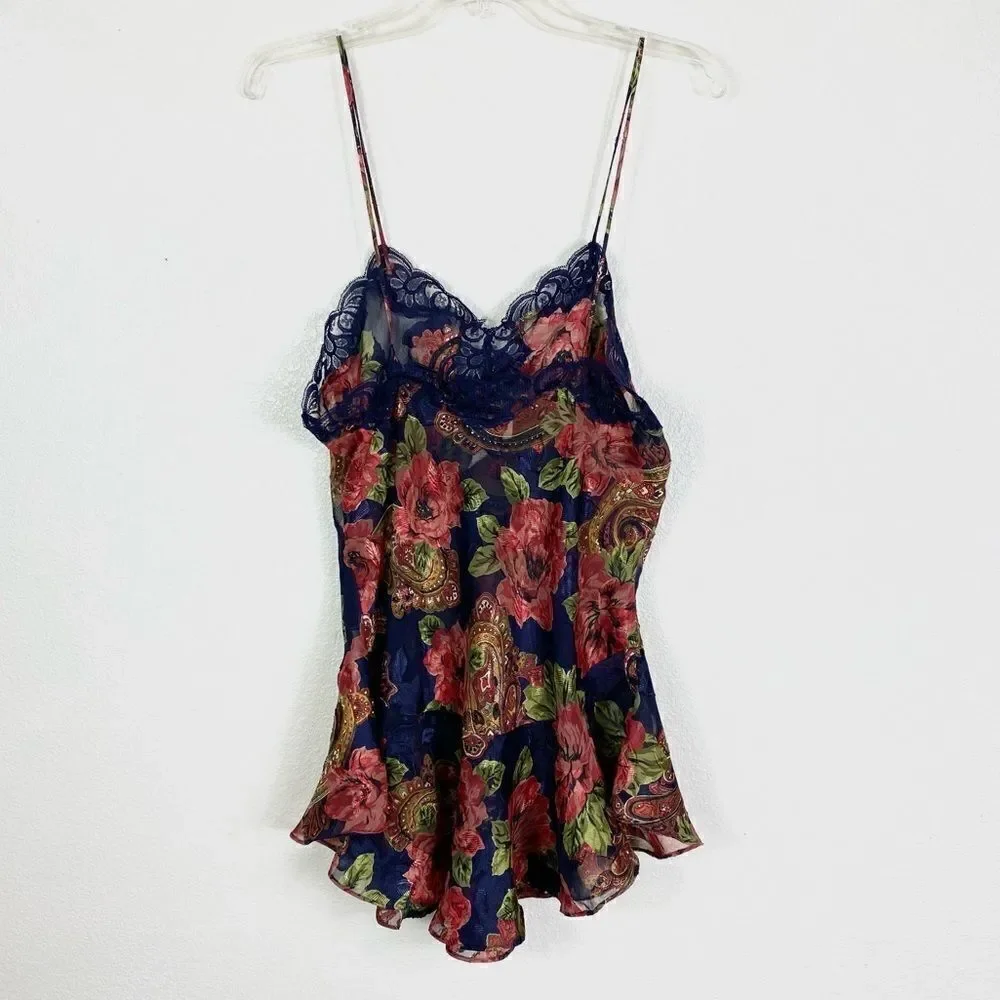 Vintage 80’s Victoria’s Secret Gold Label Navy & Red Floral Paisley Slip Chemise